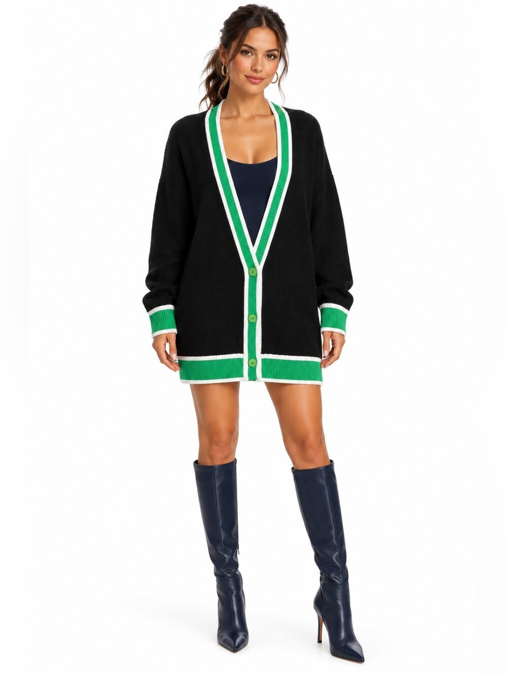 Alice + Olivia Barry Oversized Cardigan Sweater Black Green Wool Cashmere S